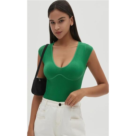 CHYRII Womens Sexy Summer V Neck Bodysuit Tops Short Sleeve Going Out Top Green - Picture 6 of 6